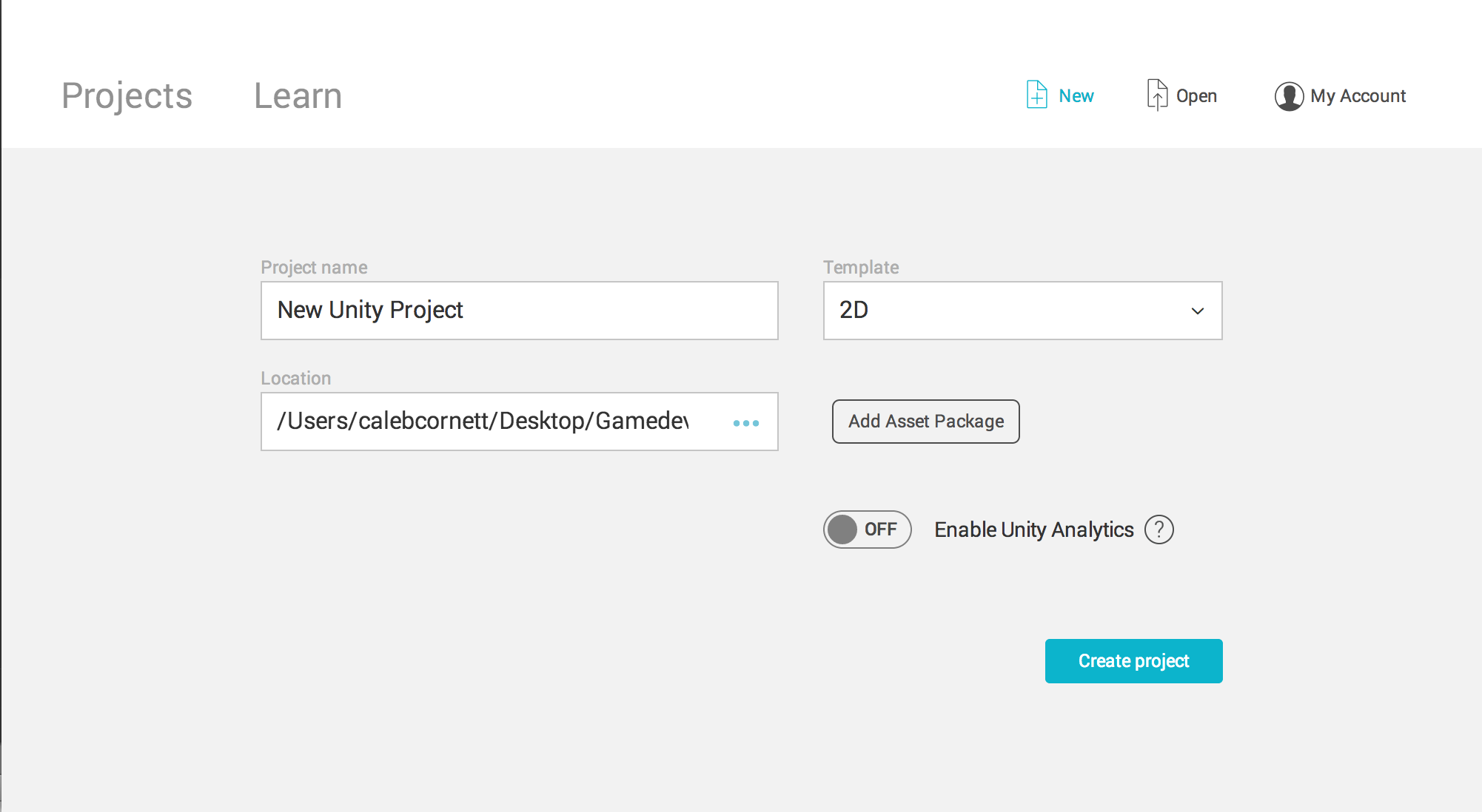 Unity's New Project window
